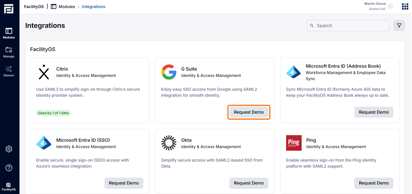 Screenshot of the integrations catalog showing the Request Demo button highlighted. 