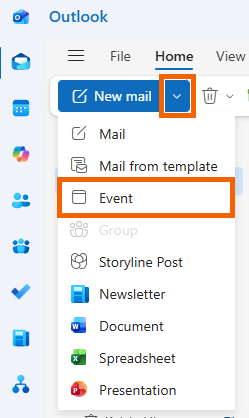 Screenshot of the Event option in Outlook.