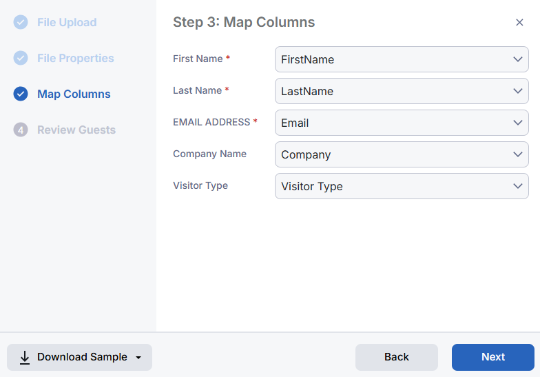 screenshot showing the column mapping.