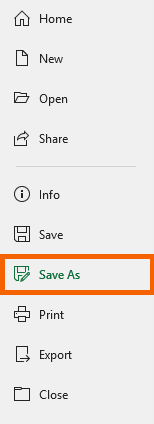 Screenshot of the "Save As" option highlighted in Excel.