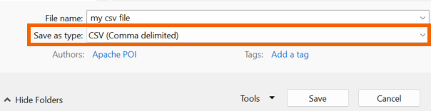 Screenshot showing "CSV (Comma delimited)" option selected for "Save as type".