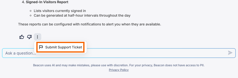 Screenshot of the "Submit support ticket" button in Beacon.