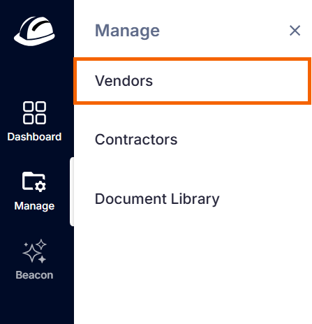 Screenshot of the "Vendors" option highlighted.