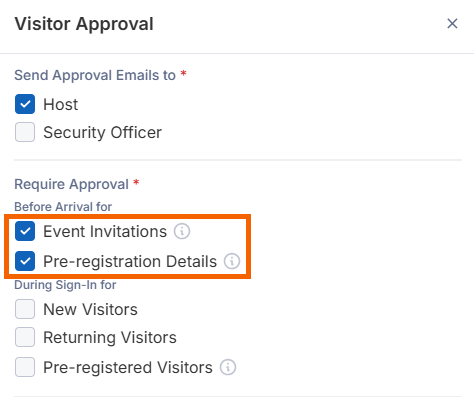 Screenshot showing the event invitations and pre-registration details options highlighted.
