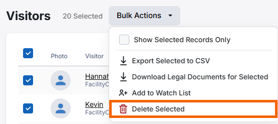 Screenshot showing the "Delete Selected" option.