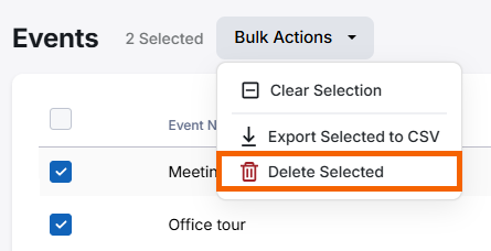 Screenshot showing the "Delete Selected" option in the Bulk Actions menu highlighted.