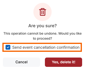 screenshot showing the "Send event cancellation confirmation" option highlighted."