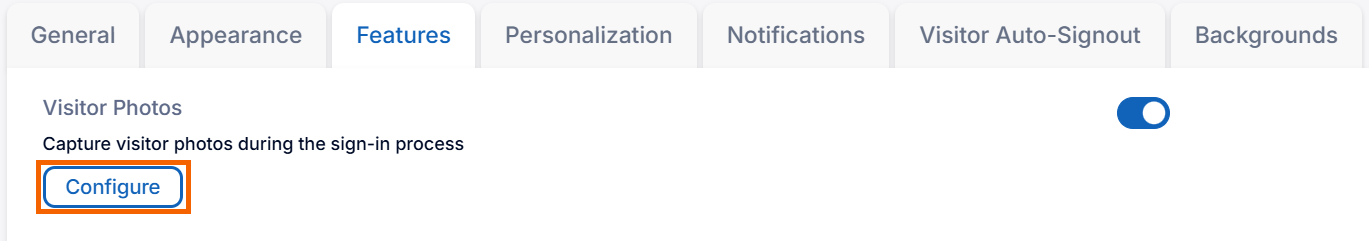 Screenshot showing the "Configure" button highlighted for the Visitor Photos setting.