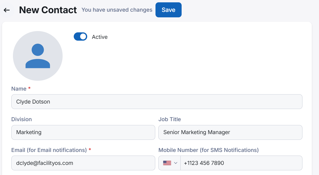 Screenshot showing the contact information filled out for an employee.