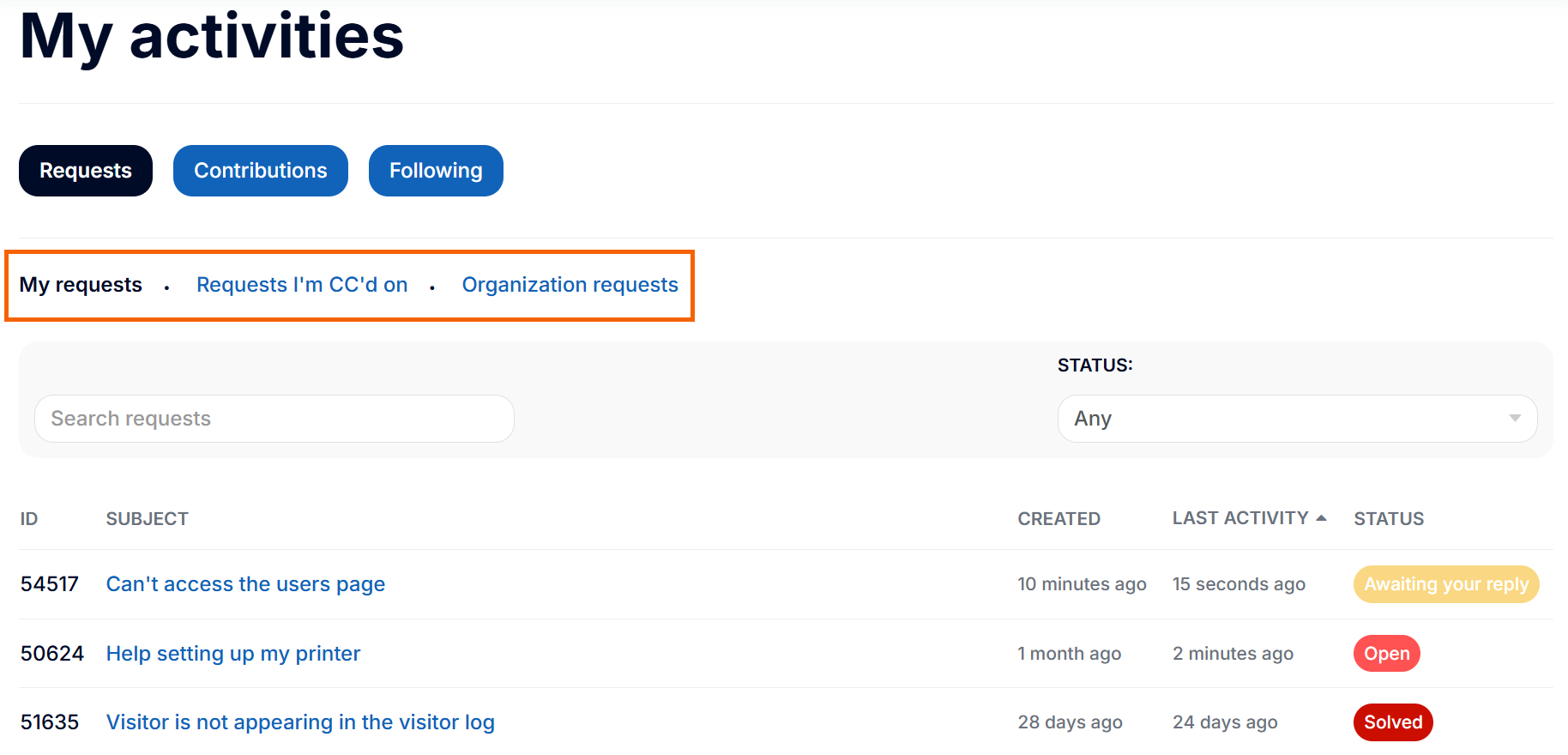 Screenshot showing the three options to view tickets on My activities.