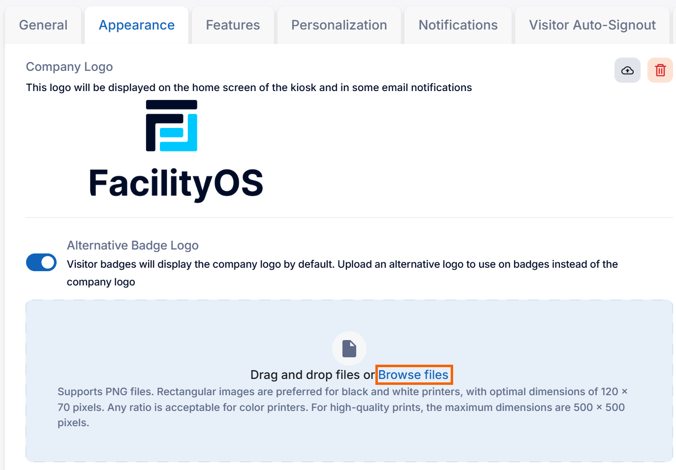 Screenshot showing the "Browse files" option for the alternative badge logo.