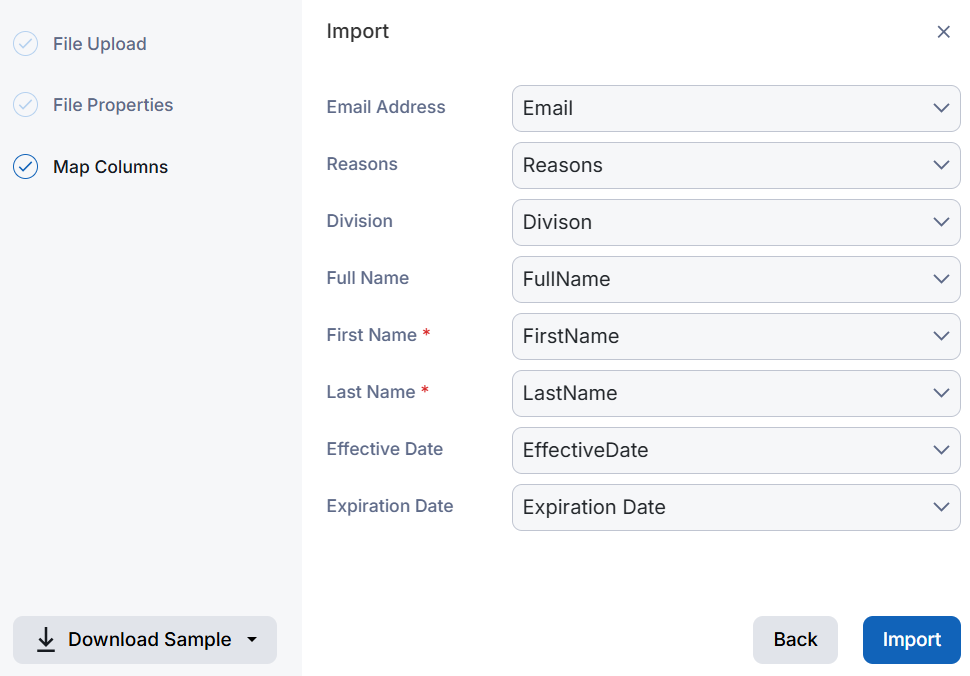 Screenshot showing each column mapped to the expected column name.