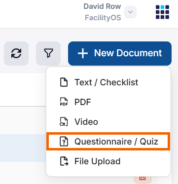 Screenshot showing the "Questionnari/Quiz" option highlighted.