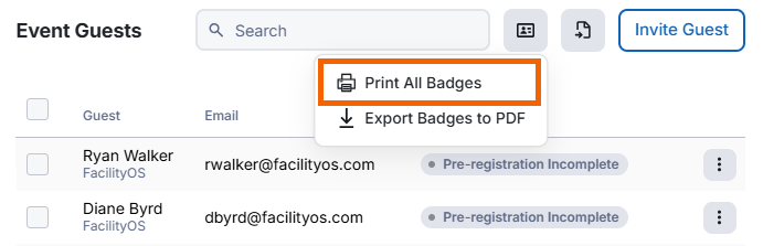 Screenshot showing "Print All Badges" highlighted.