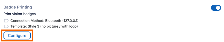 Screenshot showing the "Configure" button under "Badge Printing" highlighted.