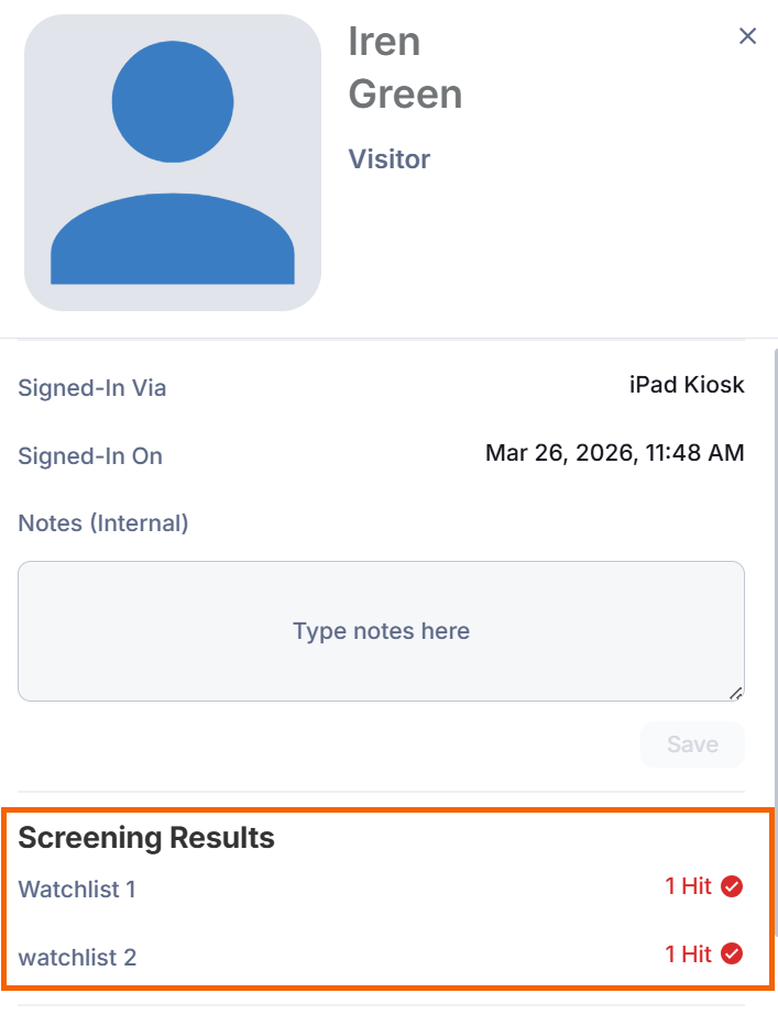 Screenshot showing the screening results for a visitor.