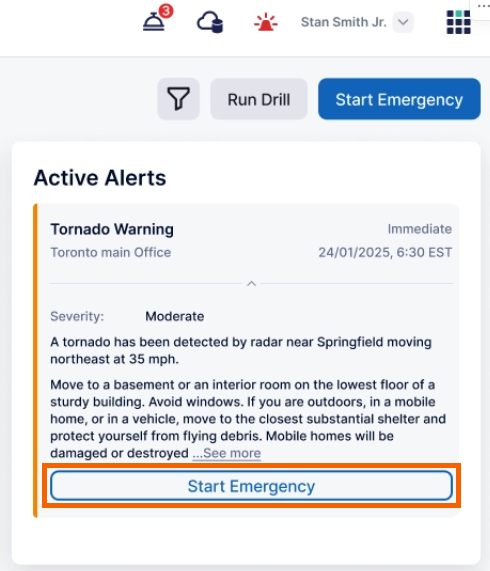Screenshot showing the "Start Emergency" button highlighted for the active alert.