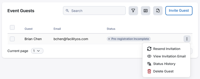 Screenshot showing menu items for a guest that has not yet completed pre-registration.