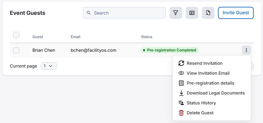 Screenshot showing menu items for a guest that has completed pre-registration.
