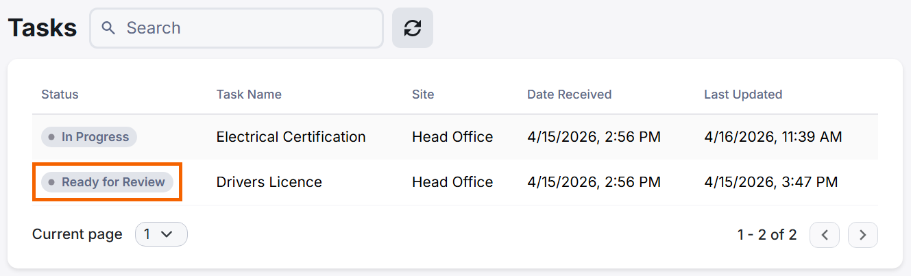 A contractor task showing the status "Ready for Review".