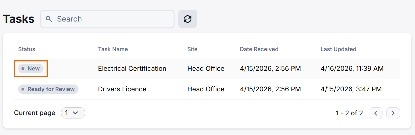 A contractor task showing the status "New".