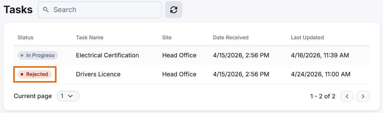 A contractor task showing the status "Rejected".