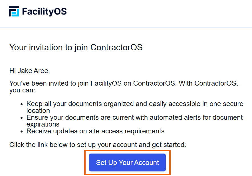 Screenshot showing the "Set Up Your Account" button in the invitation email.