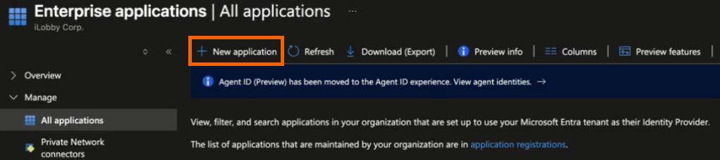 Screenshot showing "New application" highlighted.