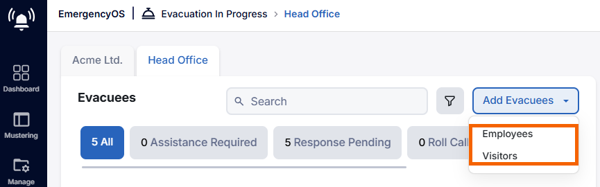 Screenshot showing the option to select Employees or Visitors.