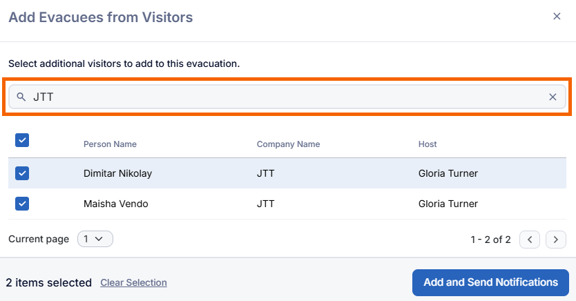 Screenshot showing search results for visitors.