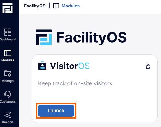 Screenshot of the VisitorOS launch button highlighted.