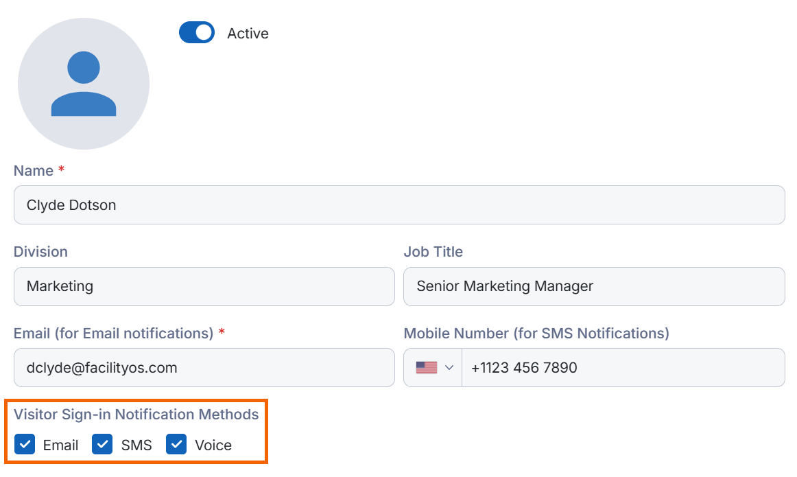 Screenshot showing the Visitor Sign-in Notification Methods highlighted.