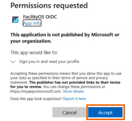 Screenshot showing the "Accept" button highlighted in the permissions requested dialog. 