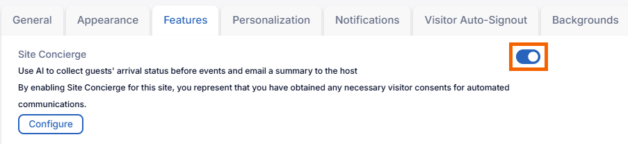 Screenshot showing the toggle for Site Concierge turned on.