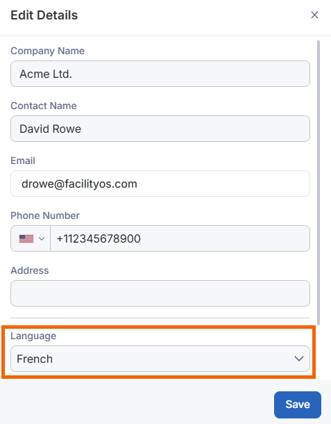 Screenshot showing a language selected.