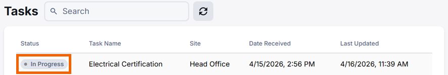 Screenshot showing a tasks with the status "In Progress".