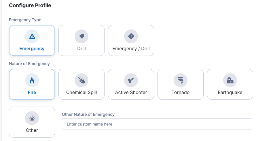 Screenshot showing emergency types and different nature of emergencies that can be selected.