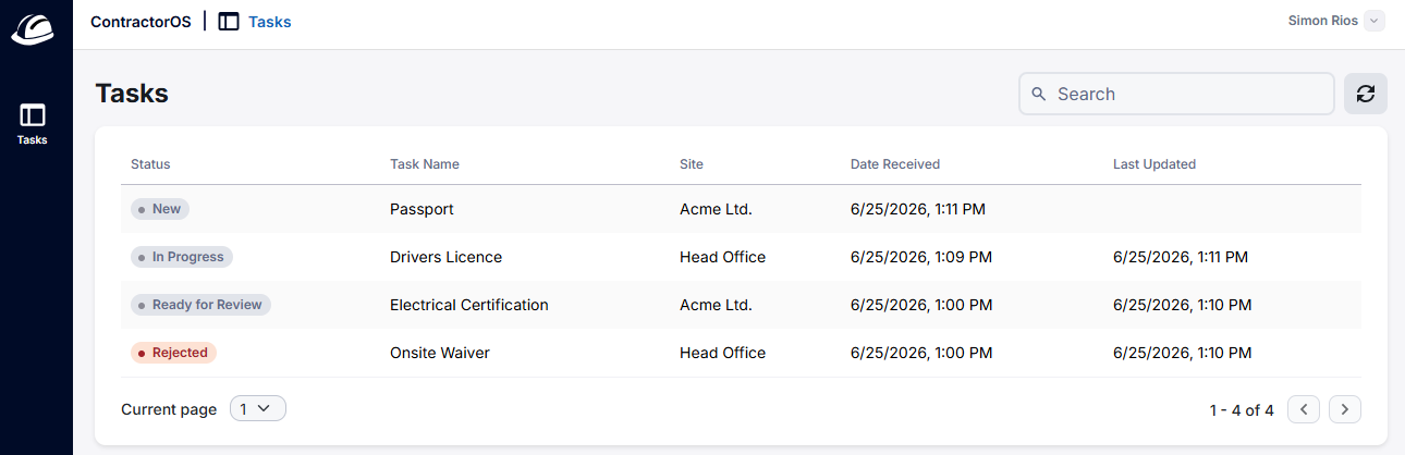 Screenshot showing the Tasks page.