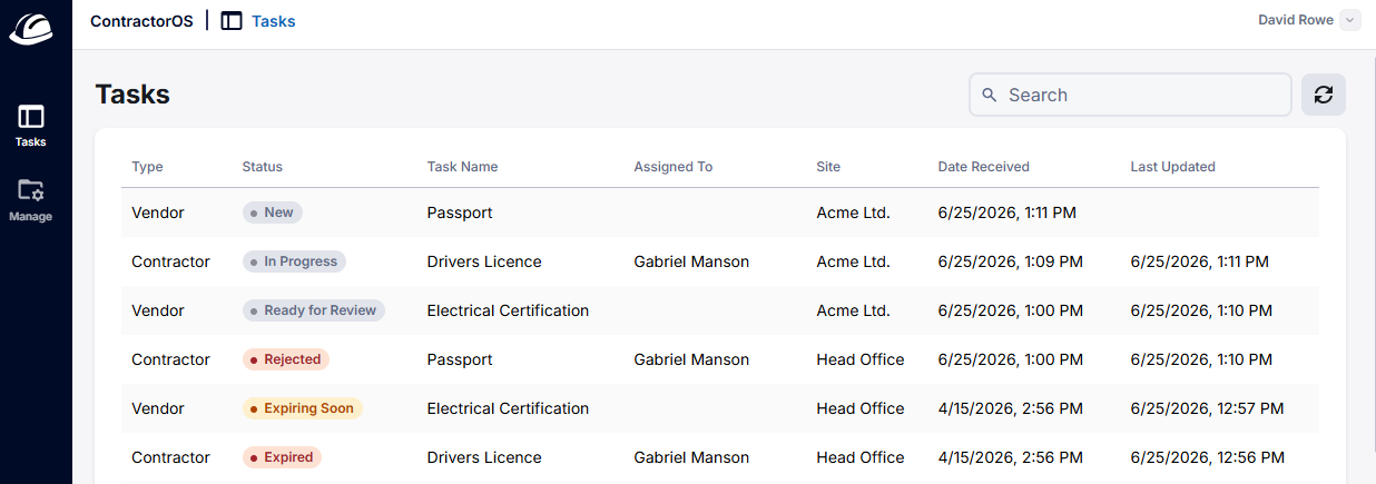 Screenshot showing the Tasks page for a Vendor.