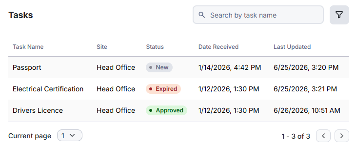 Screenshot of the Tasks section.