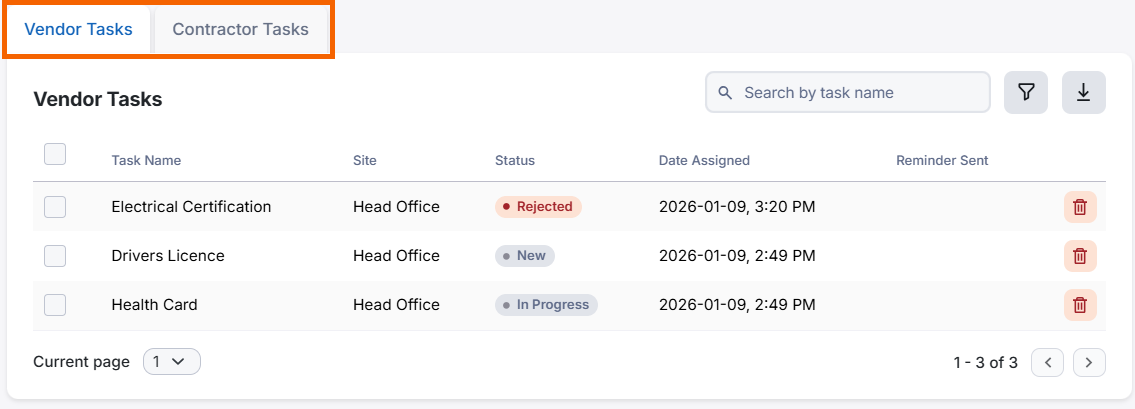Screenshot showing the vendor and contractor tabs highlighted.