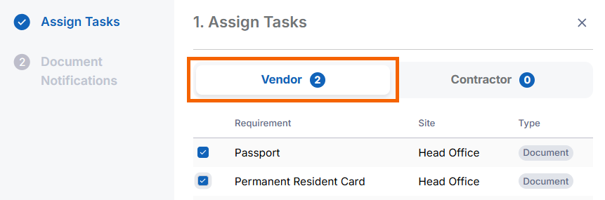 Screenshot showing vendor tasks.