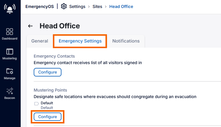 screenshot showing the configure option for mustering points.