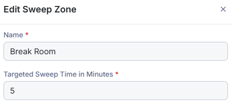 Screenshot showing options to edit the name and target sweep time of a zone.
