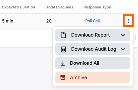 Screenshot showing the options to download a report, audit log, or all.
