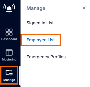 Screenshot showing the Manage and Employee List options highlighted.