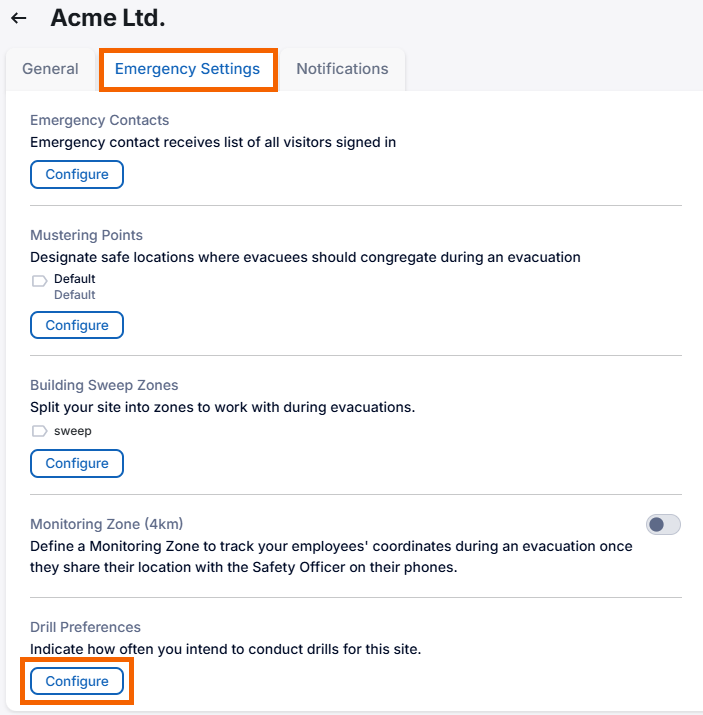 Screenshot showing the "Configure" button for drill preferences.