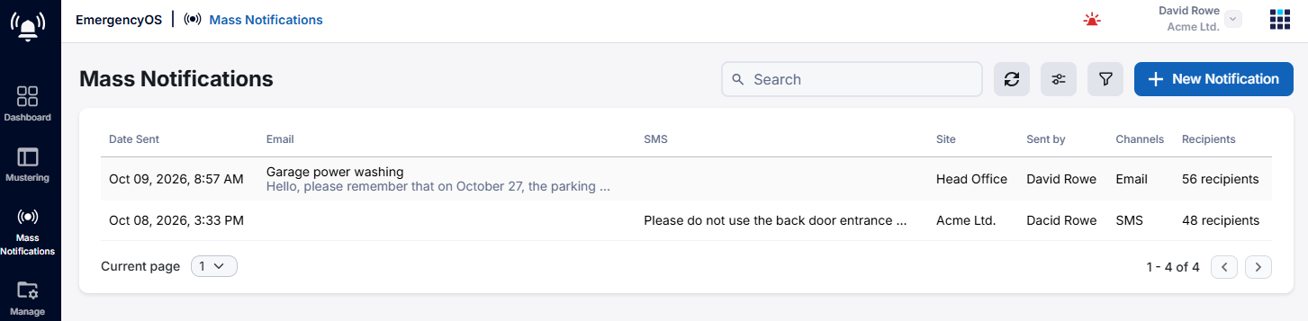 Screenshot of the Mass Notifications page.
