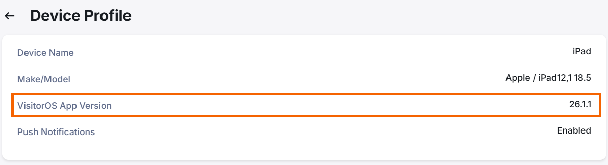 Screenshot of the VisitorOS app version number highlighted.